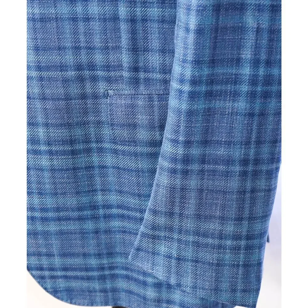 $2,990 ZEGNA - Blue Plaid Wool/Silk/Linen Blazer - 46R